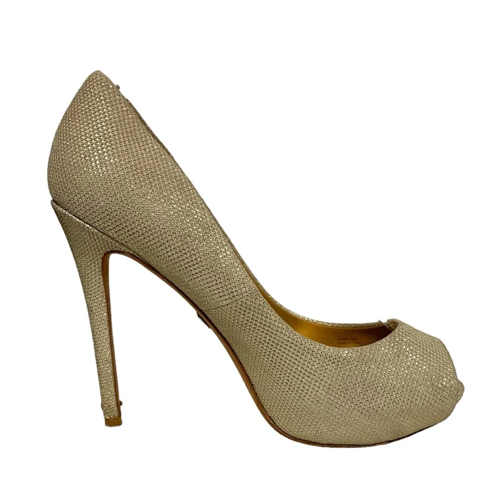Badgley Mischka Leather Glitter Accents Winter Peep Toe Platform Pumps Champagne